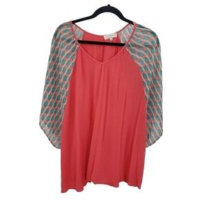 Umgee Geometric Print Blouse Womens Plus Size 1xl Coral Semi Sheer Short Sleeve